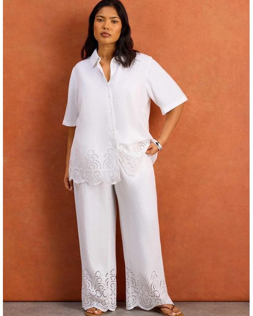 Live Unlimited London White Linen Blend Broderie Trouser