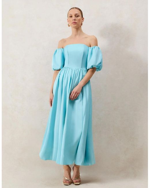 Ro&zo Blue Alba Bardot Puff Sleeve Maxi Dress