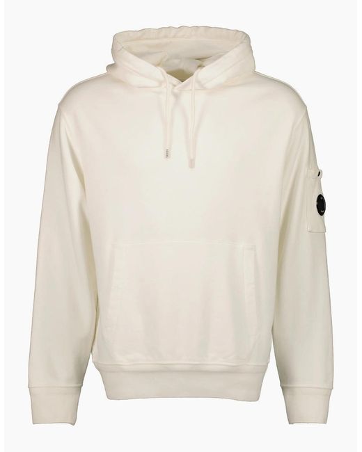 C P Company White Diagonal Fleece Lens Hoodie for men