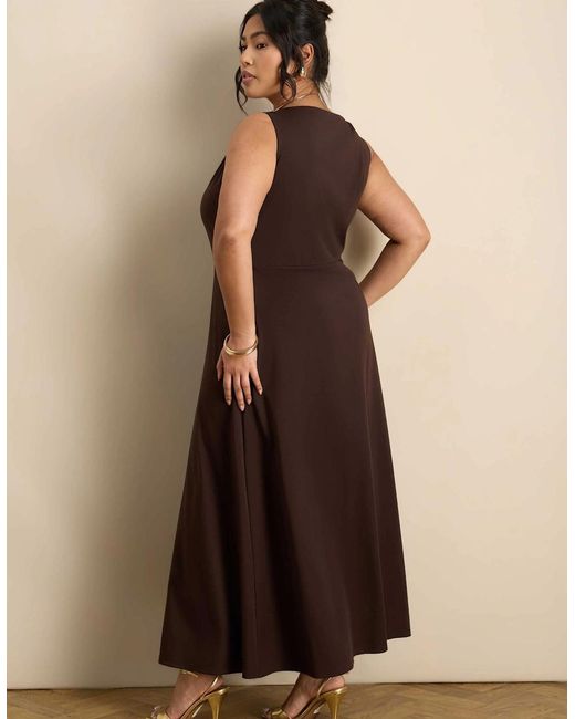 Live Unlimited London Brown Asymmetric Twist Maxi Dress With Trim