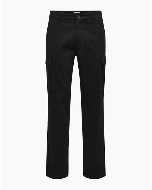 ONLY Black Solid Patterned Straight Cargo Pants for men