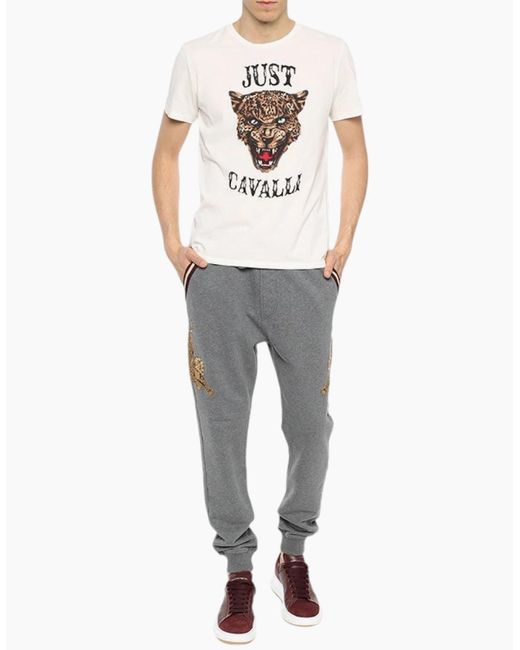 Just Cavalli White S01Gc0419 T-Shirt Tiger Print Short Sleeve Cotton Half for men
