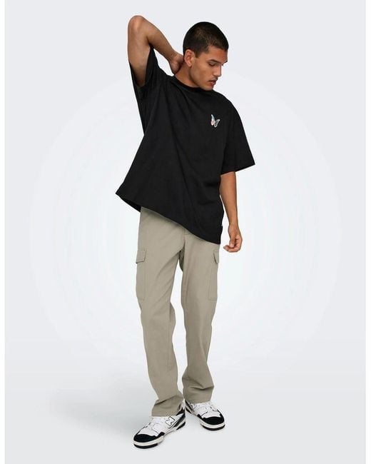 ONLY Black Solid Patterned Straight Cargo Pants for men