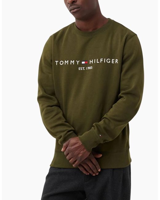Tommy Hilfiger Green Fleece Sweatshirt Embroidered Logo Pullover Crew Neck Jumper for men