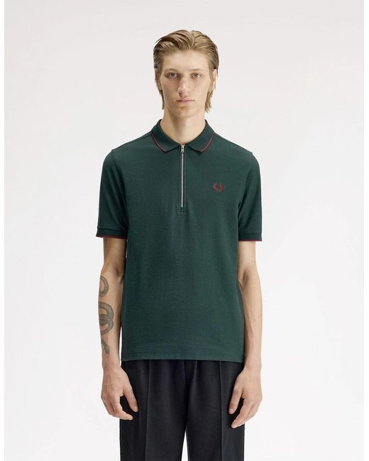 Fred Perry Green Crepe Pique Zip Neck Polo Shirt for men