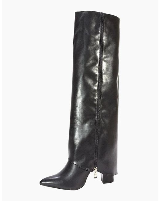 XY London Black Ladies Allie Fold Over Pointed Side Zip Knee-High Boots