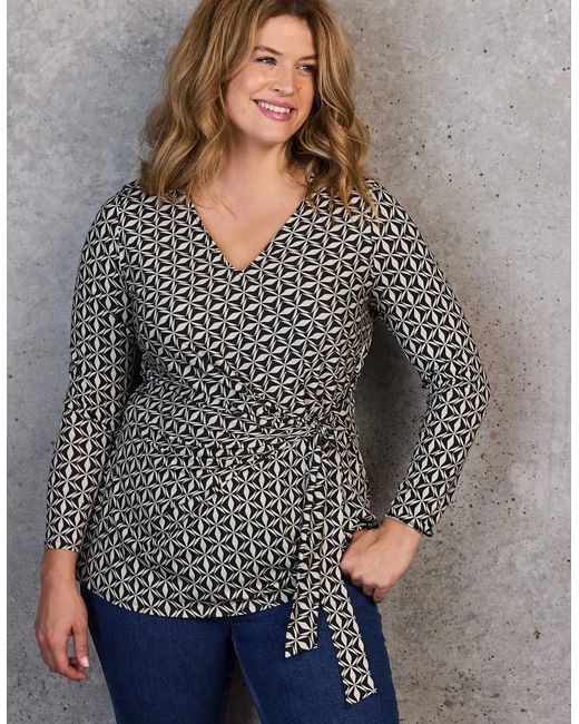 Live Unlimited London Gray Geo Print V-Neck Side Tie Tunic