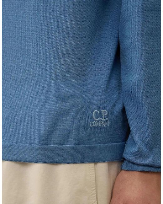 C P Company Blue Lisle Thread Crewneck Logo Knit for men