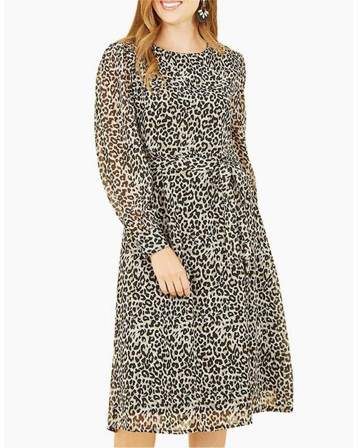 Yumi' Gray Leopard Crew Neck Midi Skater Dress