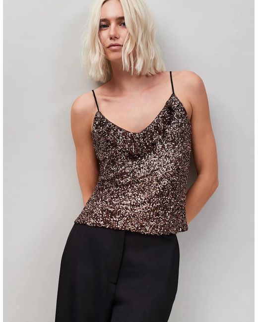 Ro&zo Brown Ruffle Neckline Sequin Cami Top