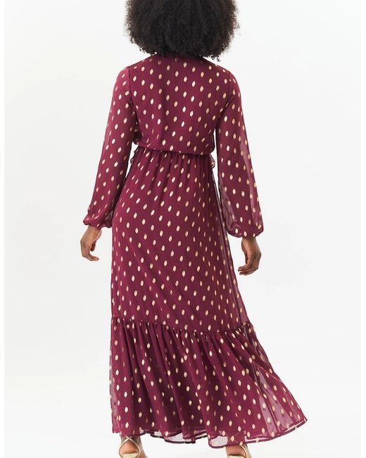 Gini London Purple Burgundy Foil Print Ruffle Midi Dress