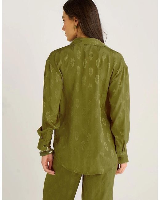 Gini London Green Khaki Floral Satin Jacquard Shirt