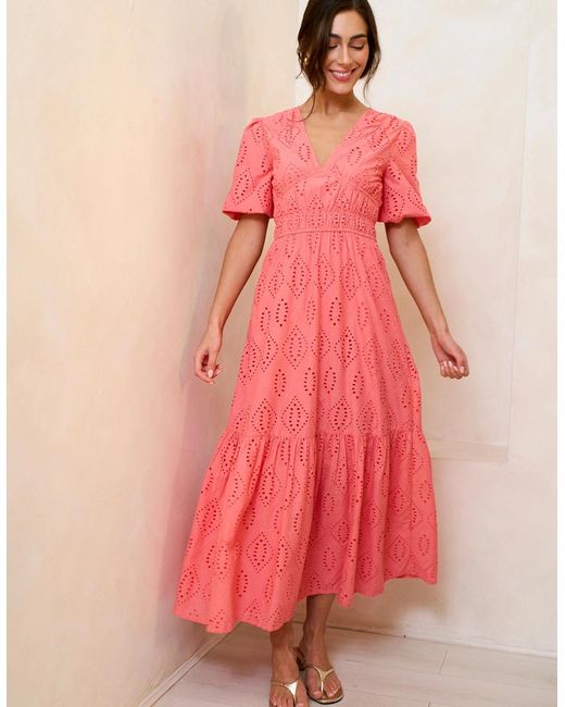Gini London Pink Coral Diamond Cutwork V Neck Broderie Dress