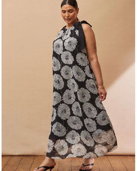 Live Unlimited London Black Floral Print Halter Neck Maxi Dress