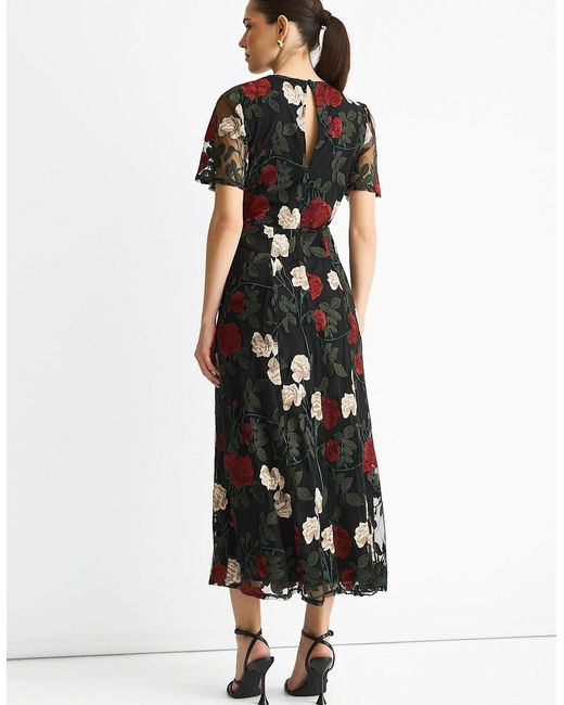 Gini London Black Angel Sleeves Embroidered Occasion Midi Dress