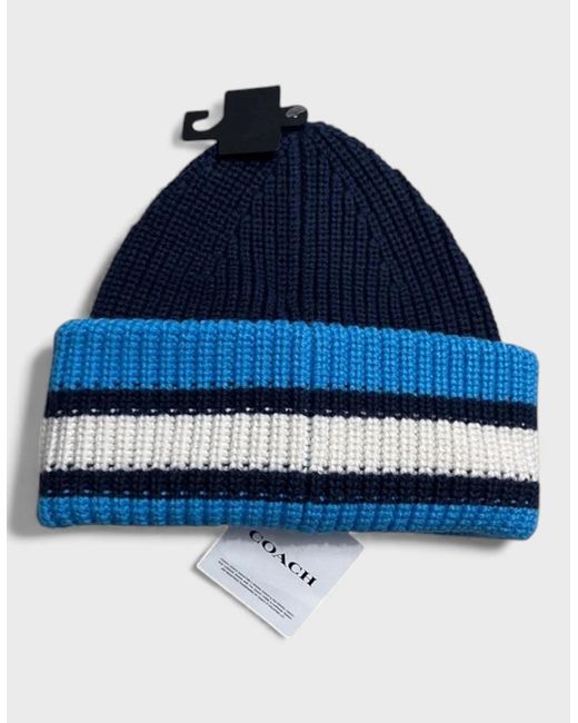 COACH Blue Ribbed Knit Varsity Stripe Patch Beanie