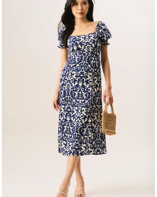 Gini London Blue Short Puff Sleeve Split Hem Midi Dress