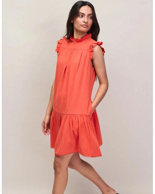 Ro&zo Red Petite Coral Cheesecloth Frill Neck Mini Dress