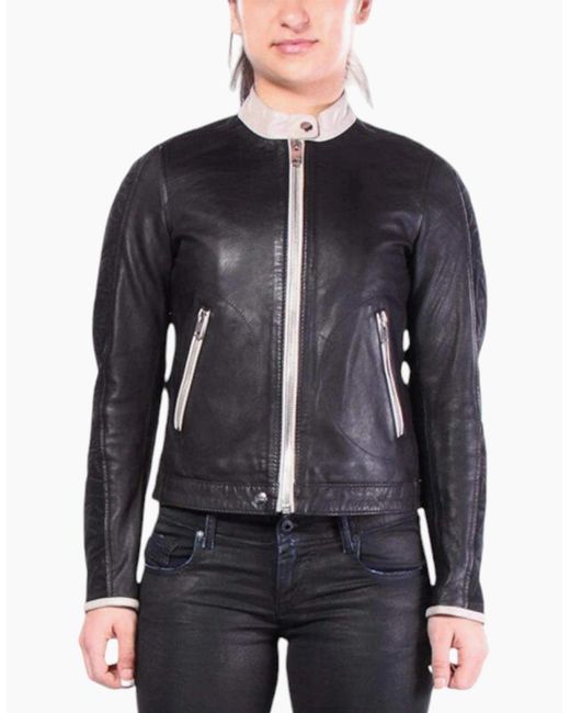 DIESEL Blue L Gin Leather Jacket Long Sleeve Cafe Racer Ladies Biker Zip Coat