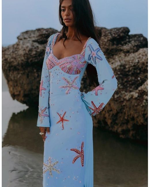 Oceanus Blue Crescent Shell Bell Sleeve Dress