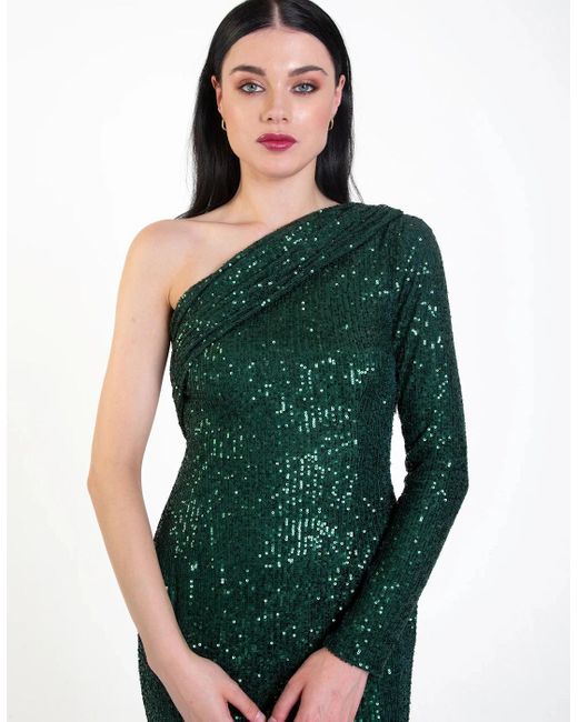 Gini London Green One Shoulder Draped Sequin Midi Dress
