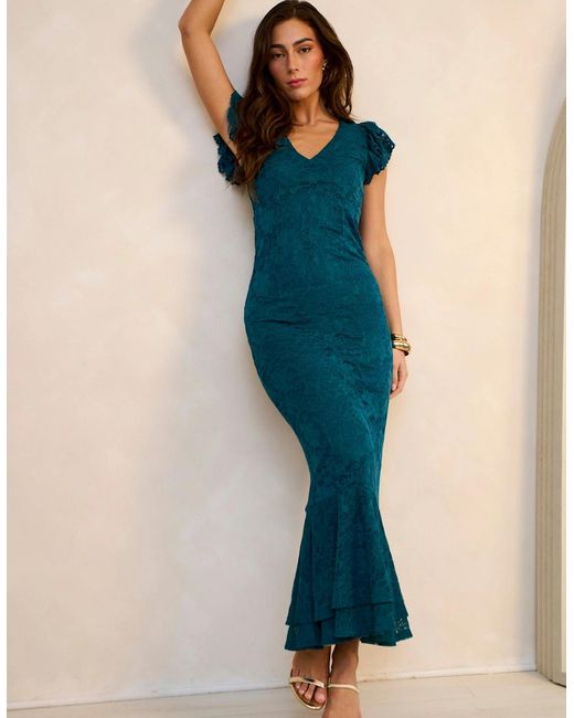 Gini London Blue Jersey Lace V Neck Ruffle Maxi Dress