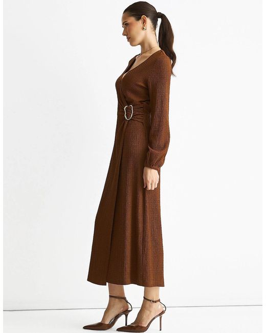 Gini London Brown Jersey Texture Wrap Metal Trim Midi Dress