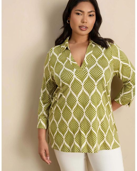 Live Unlimited London Green Chartreuse Print 3/4 Sleeve Collared V-Neck Jersey Top