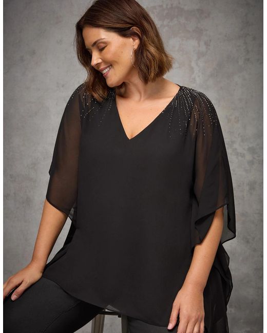 Live Unlimited London Gray Embellished V Neck Overlay Top