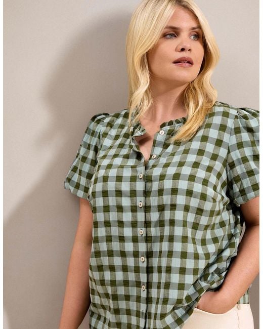 Live Unlimited London Green Gingham Button-Through Puff Sleeve Top