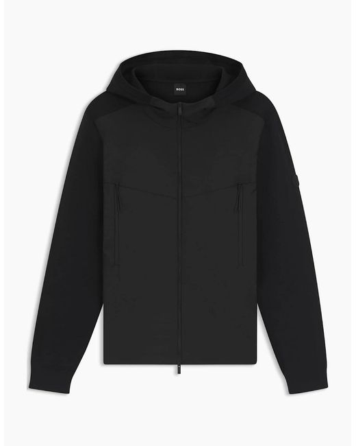 Boss Black Solid Patterned Hooded Ribbed Cuff Rain Jacket With Logo Badge for men