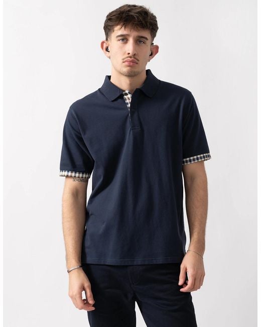 Aquascutum Blue Club Check Stretch Piquet Sleeves Polo Shirt for men