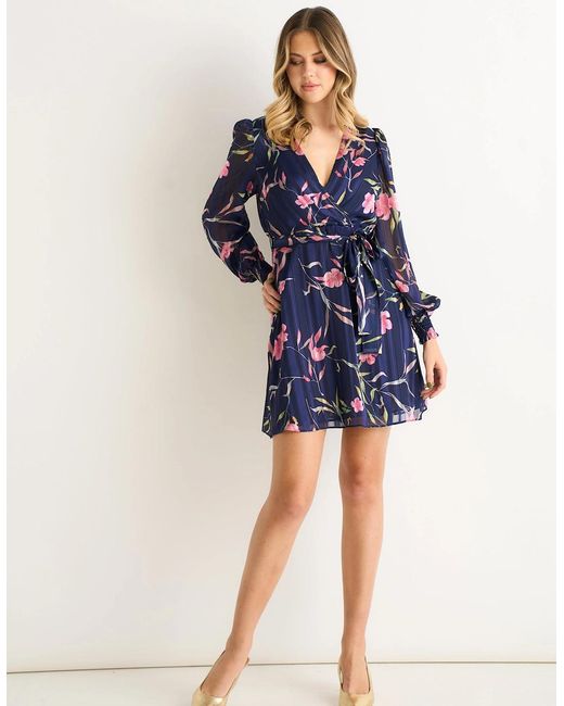 Gini London Blue Floral Print Shimmer Stripe Chiffon Wrap Mini Dress