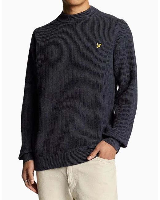 Lyle & Scott Blue Lyle & Scott Plain Branded Ribbed Mock Neck Night Jumper for men