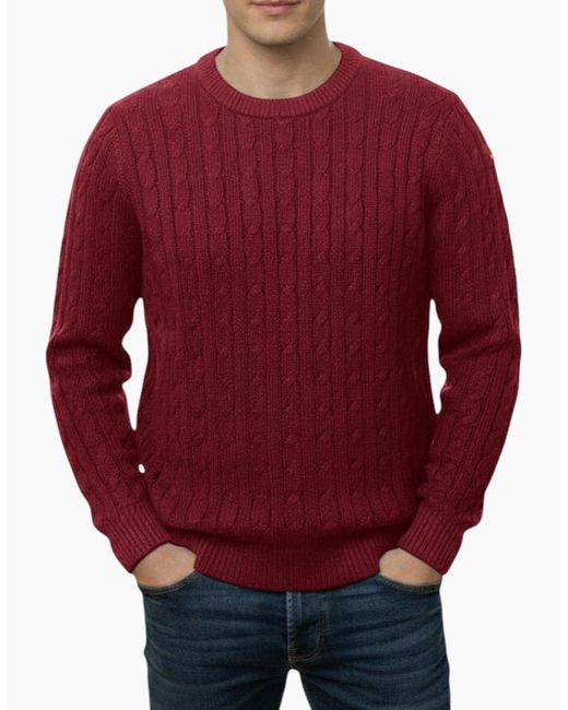 Firetrap Red Cable Knit Sweatshirt Chunky Crew Neck Pullover Cotton Winter Warm Jumper for men