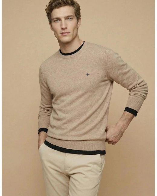 Fynch-Hatton Natural Fine Knit Cotton Crewneck Sweater Taupe for men