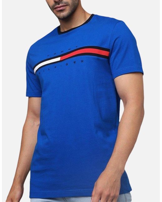 Tommy Hilfiger Blue T Shirts Crew Neck Signature Stripe Summer Cotton Tino Tee for men