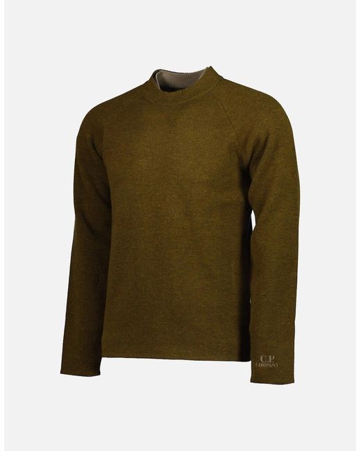 C P Company Green Double Crewneck Embroidered Cuff Logo Knit for men
