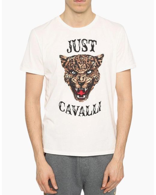 Just Cavalli White S01Gc0419 T-Shirt Tiger Print Short Sleeve Cotton Half for men