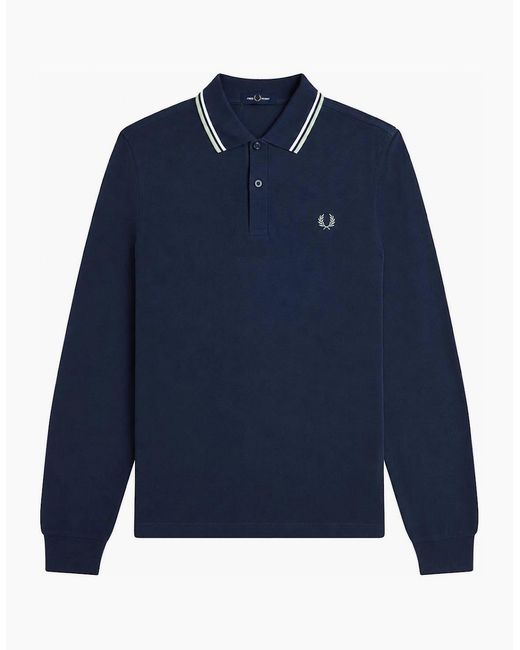 Fred Perry Blue Long Sleeve Twin Tipped Polo Shirt Dark Airforce/Ecru/Seagrass for men