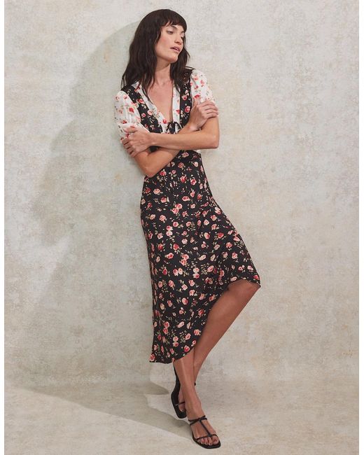 Ro&zo Black Contrast Rose-Print Puff-Sleeve Midi Dress