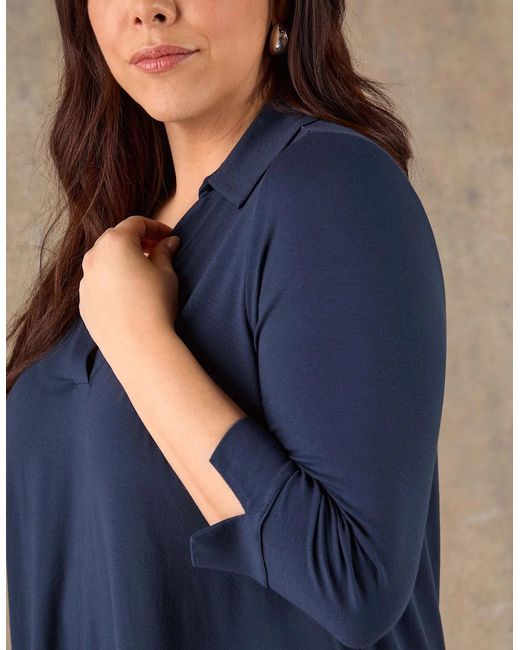 Live Unlimited London Blue 3/4 Sleeve Collared V-Neck Jersey Top