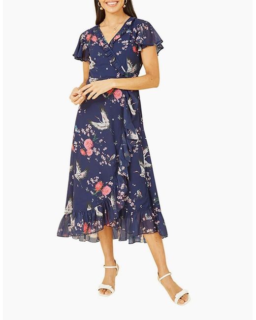 Yumi' Blue Crane Print V-Neck Midi Wrap Dress
