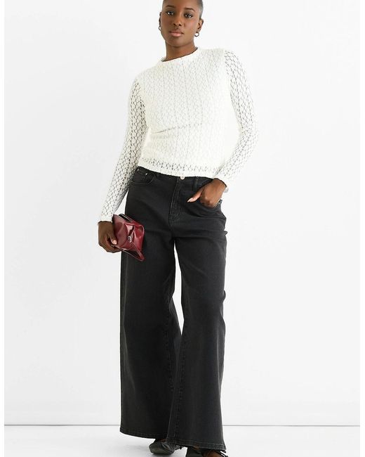 Gini London White High Neck Jersey Lace Long Sleeve Top