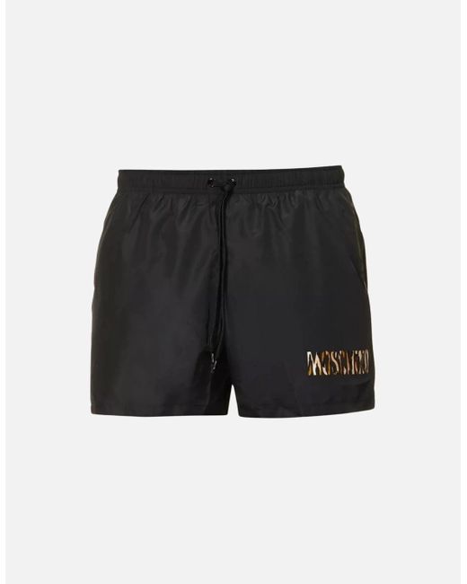 Moschino Black Small Leopard Print Logo Short Swim Shorts for men