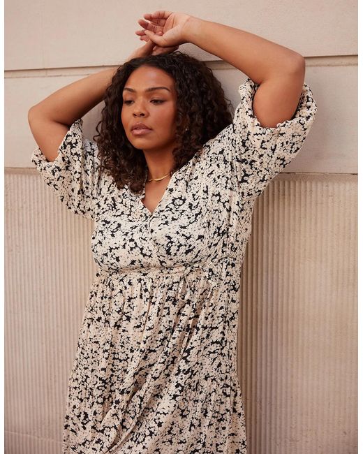 Live Unlimited London Brown Mono Floral Wrap Midi Dress