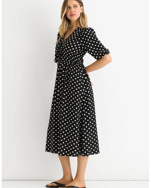 Gini London Black Spot Print Shirred Waist Shift Midi Dress