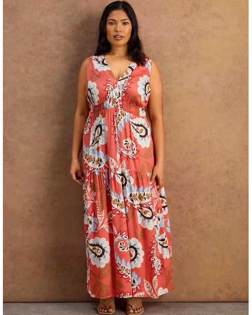 Live Unlimited London Orange Coral Paisley Print Tiered Maxi Dress