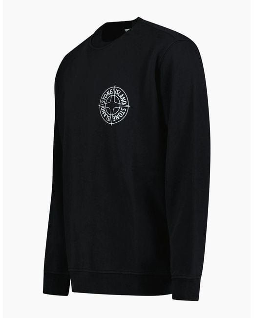 Stone Island Black Compass Print Cotton Fleece Crewneck Sweatshirt for men