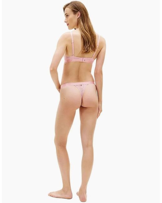 Tommy Hilfiger Pink Repeat Logo Floral Lace Tanga Thong, Bonita